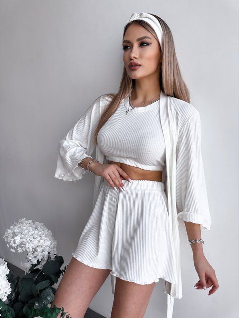 Пижамный домашний женский костюм в рубчик тройка, белый, XS-S