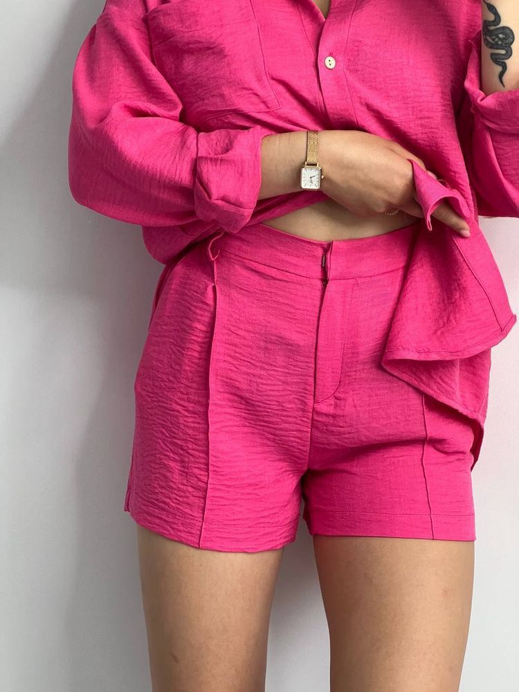 Костюм жіночий лляний з шортами, рожевий, XL-2XL