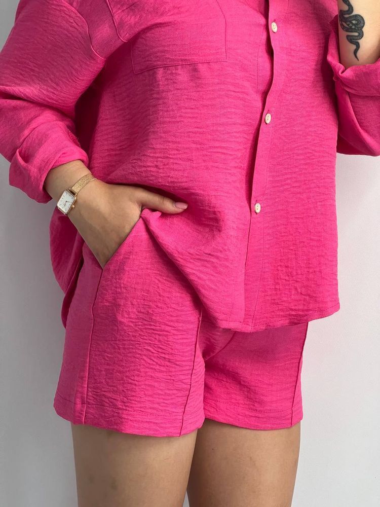 Костюм жіночий лляний з шортами, рожевий, XL-2XL