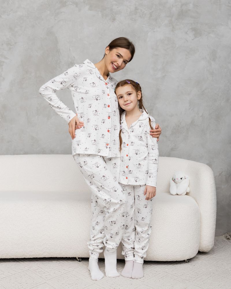 Подростковая пижама для девочки в котики, Family look мама и дочь, 128-134