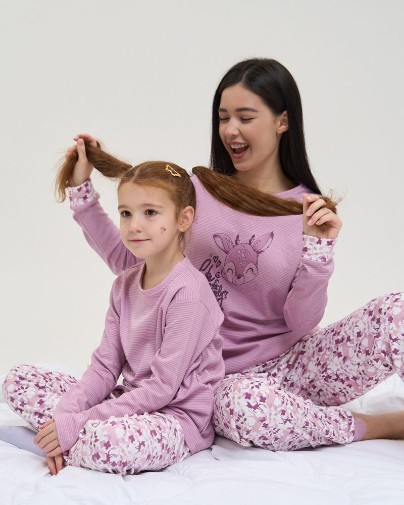 Підліткова піжама для дівчинки з малюнком Бембі, Family look мама і донька, 128-134