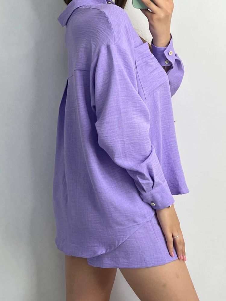 Костюм жіночий лляний з шортами, лавандовий, XL-2XL