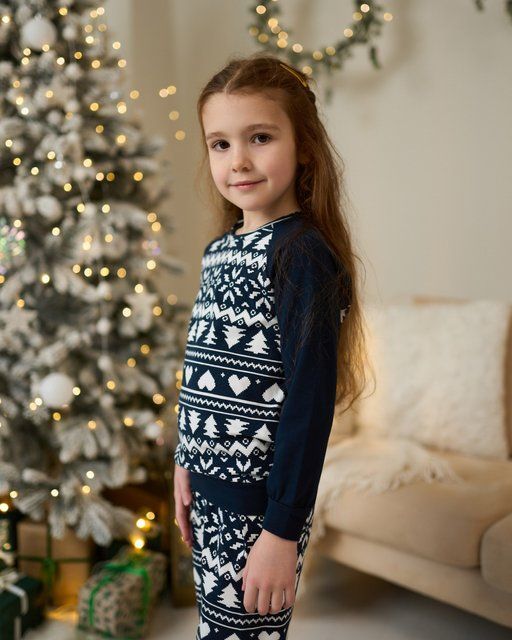 Детская пижама хлопковая синяя в зимнем рисунке Family look, 3-4