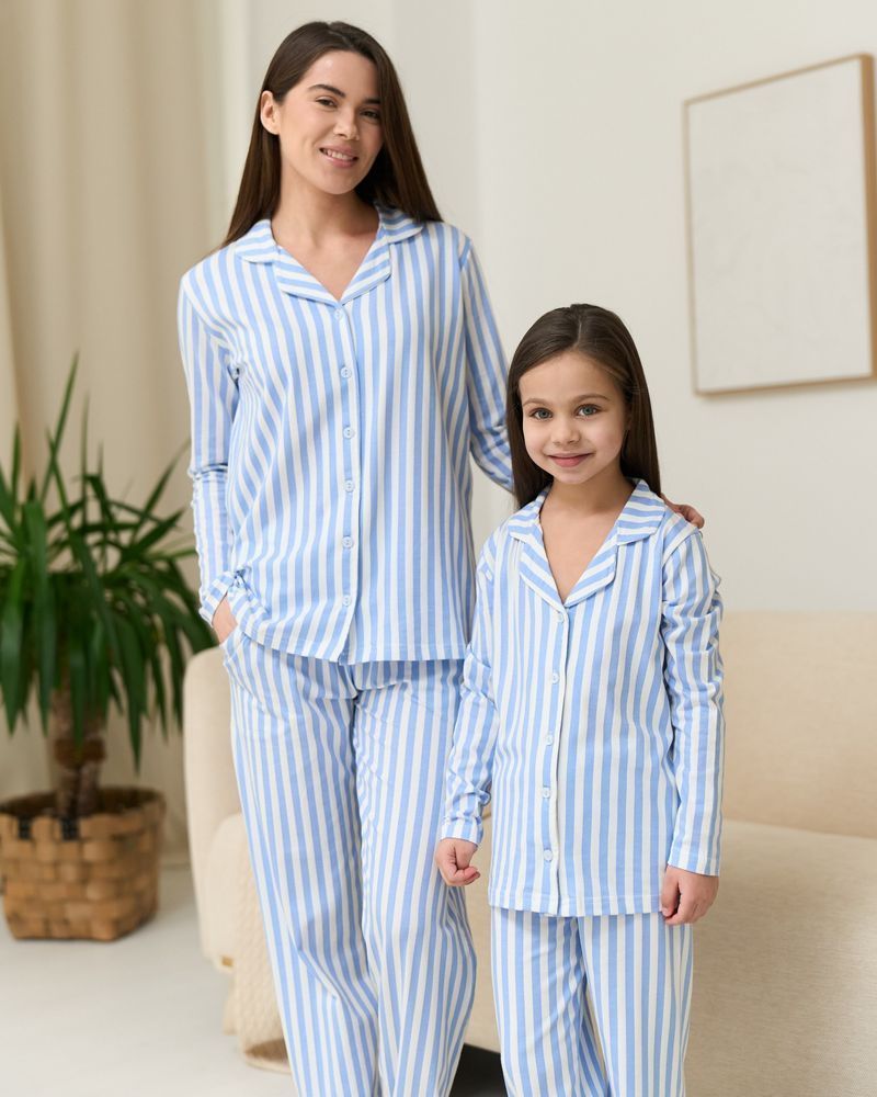 Дитяча піжама для дівчинки в блакитну смужку, Family look, 128-134