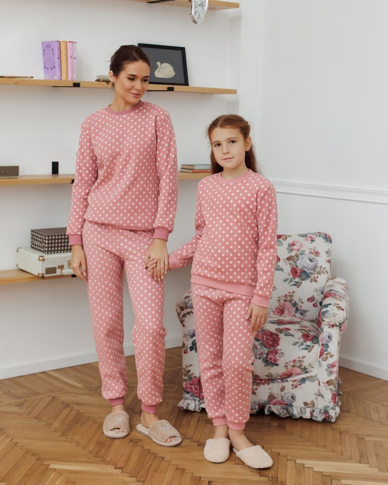 Жіноча флісова піжама в горох, Family look мама і донька, S