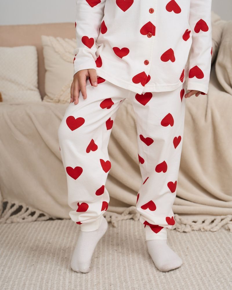 Підліткова піжама для дівчинки в серця, Family look мама та донька, 128-134