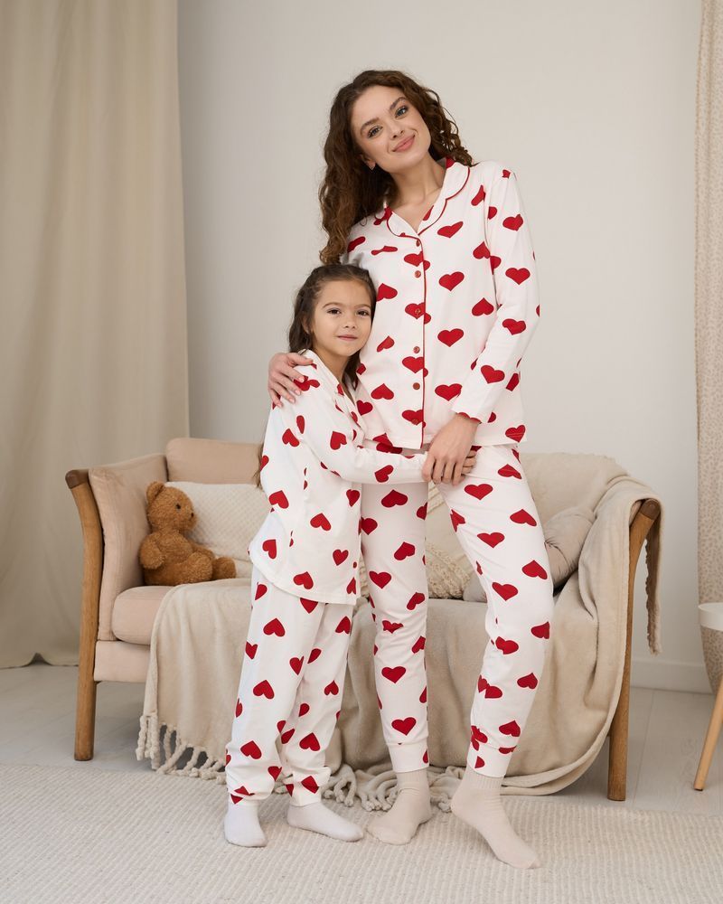 Підліткова піжама для дівчинки в серця, Family look мама та донька, 128-134