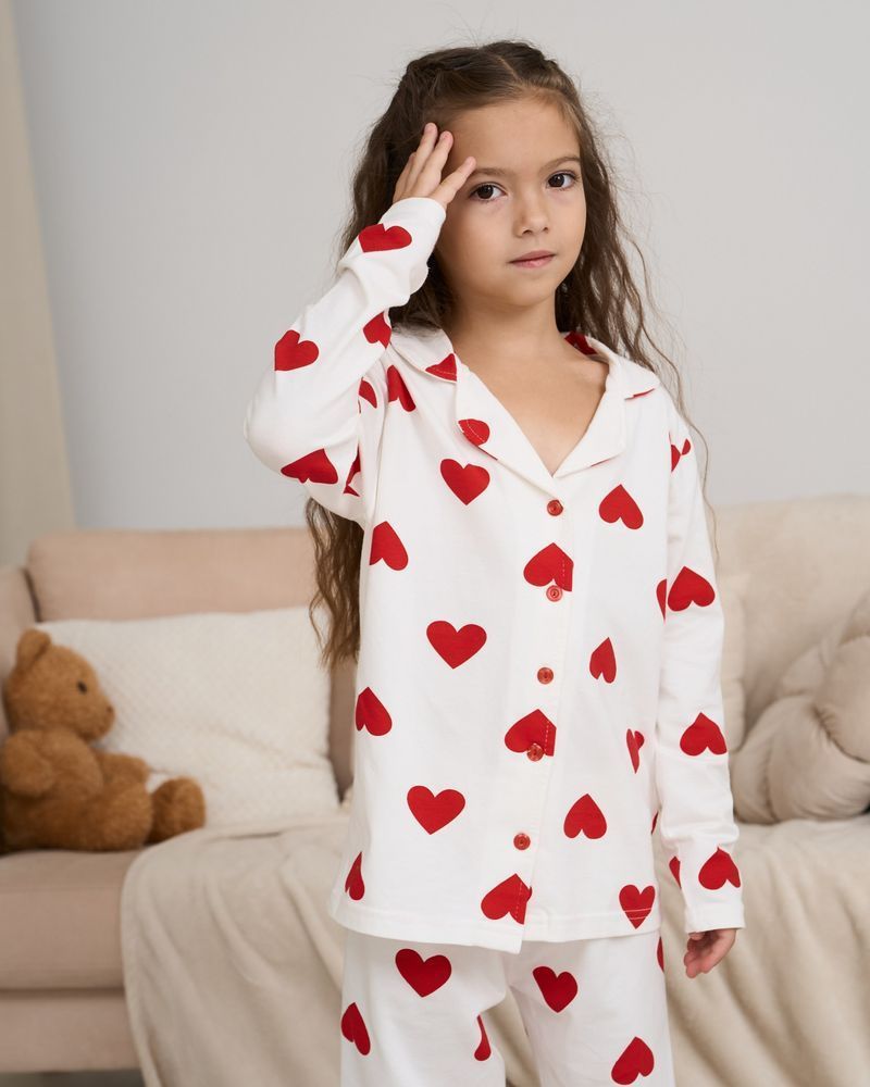 Підліткова піжама для дівчинки в серця, Family look мама та донька, 128-134